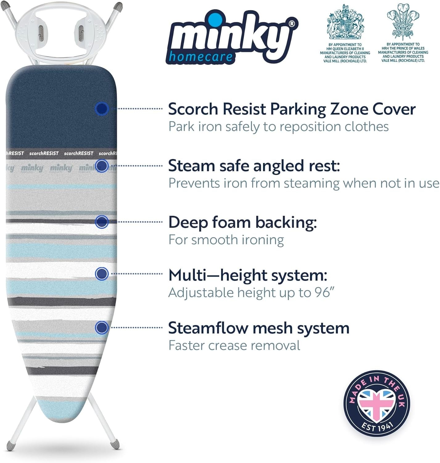Large Ironing Board 122x38cm Adjustable Height Foldable with Iron Rest - Kwikley