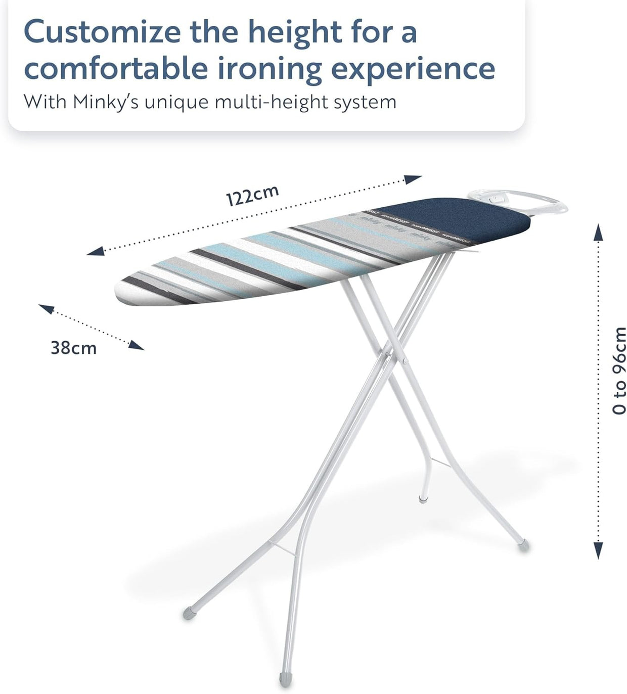 Large Ironing Board 122x38cm Adjustable Height Foldable with Iron Rest - Kwikley