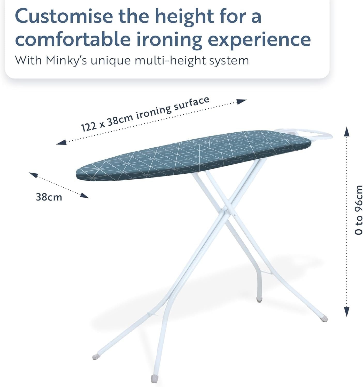 Large Ironing Board 122x38cm Adjustable Height Steam Flow Mesh Stable - Kwikley