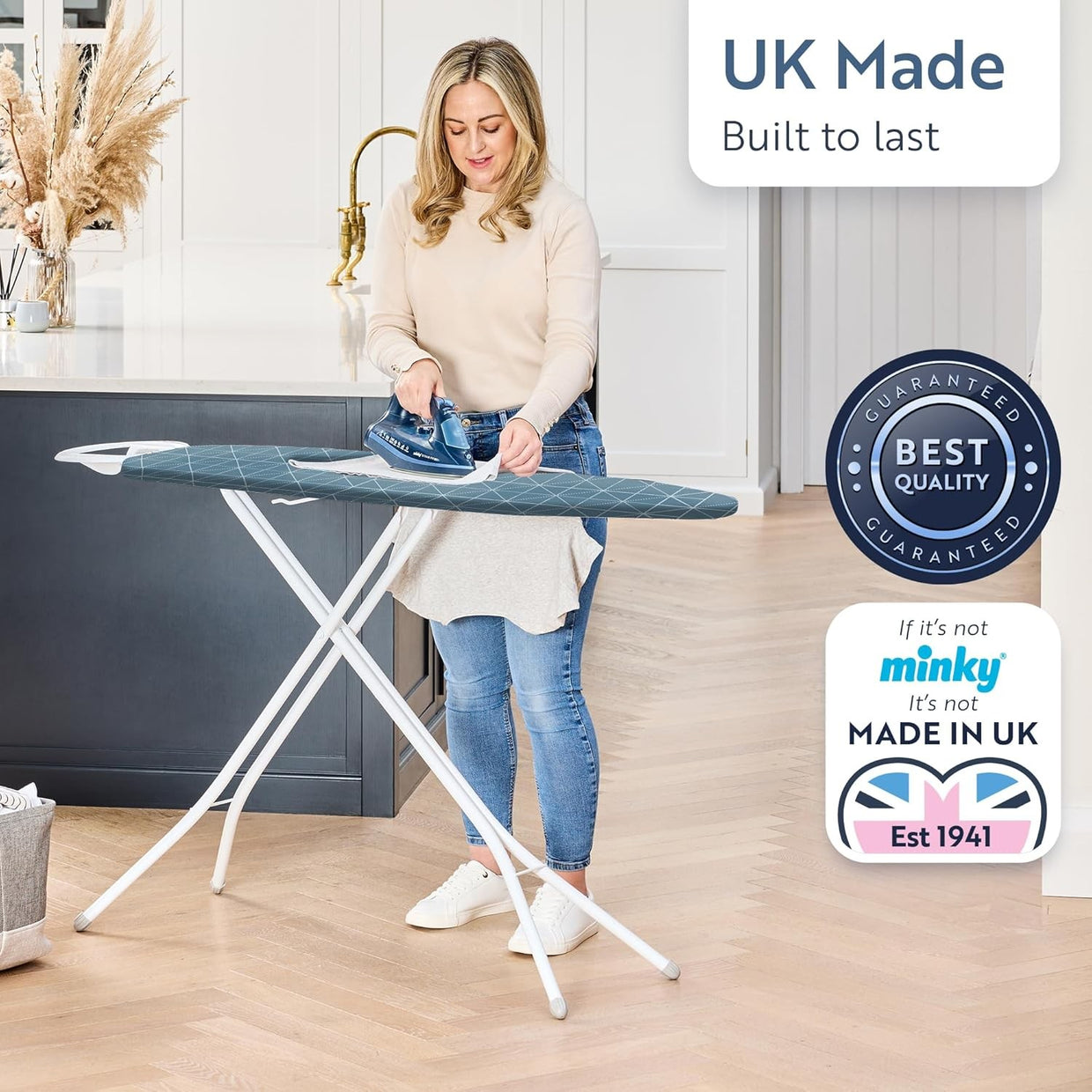 Large Ironing Board 122x38cm Adjustable Height Steam Flow Mesh Stable - Kwikley