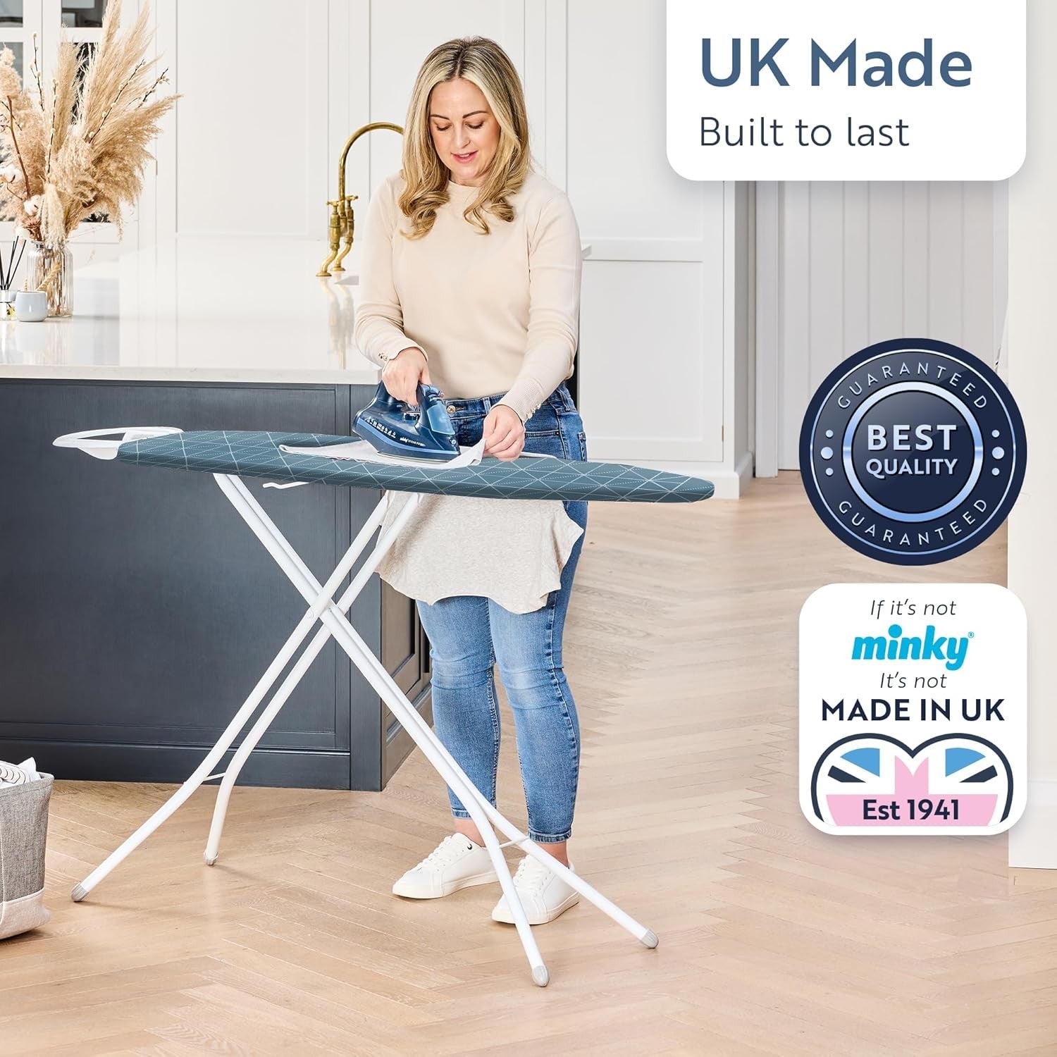 Large Ironing Board 122x38cm Adjustable Height Steam Flow Mesh Stable - Kwikley