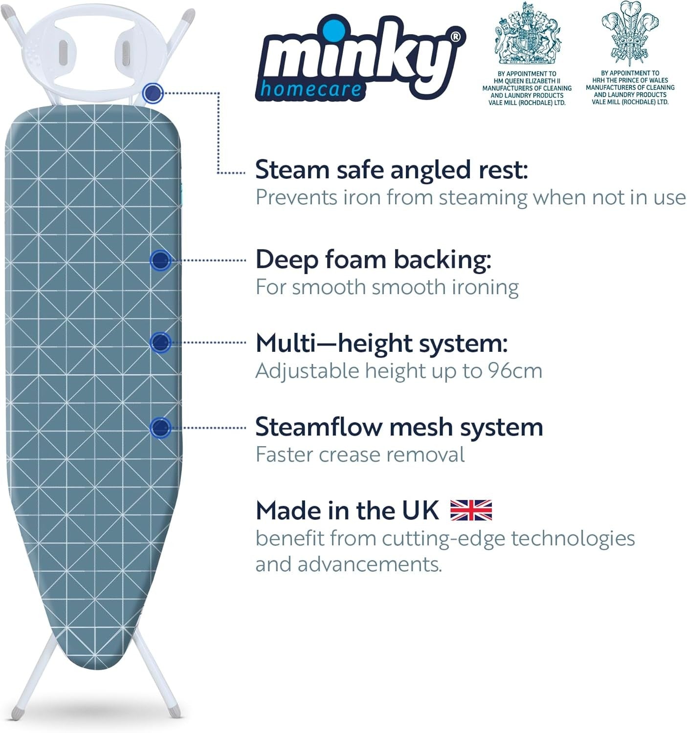 Large Ironing Board 122x38cm Adjustable Height Steam Flow Mesh Stable - Kwikley