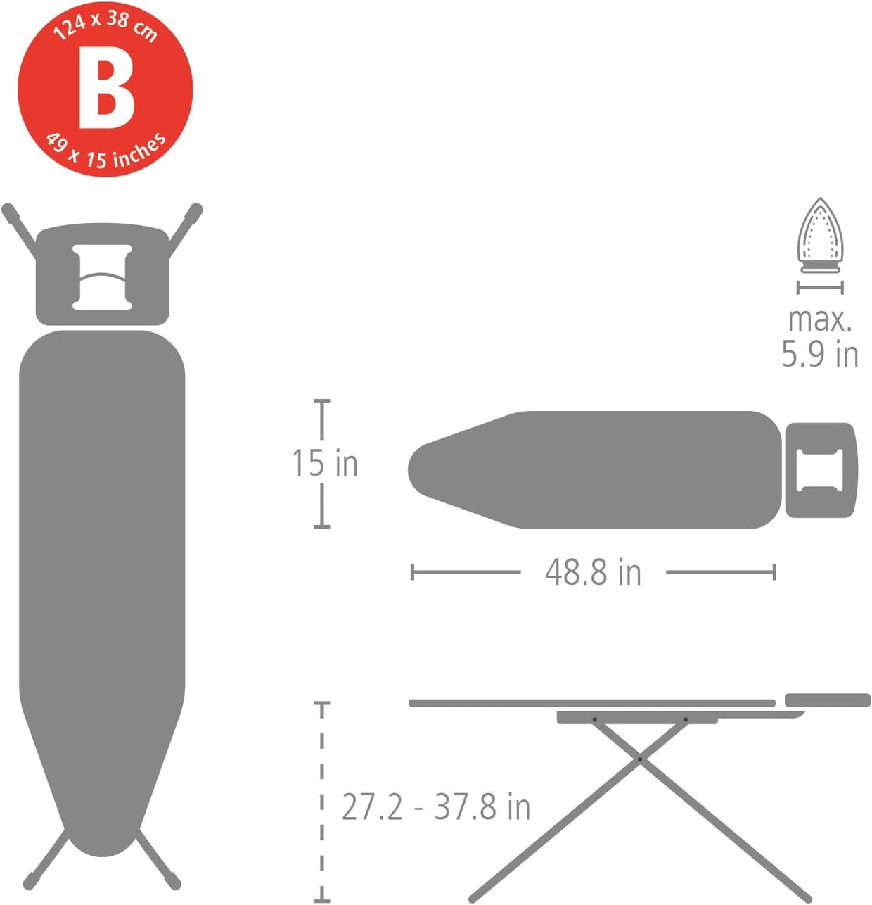 Large Ironing Board 124x38cm Adjustable Height Solid Steam Iron Rest Foldable - Kwikley