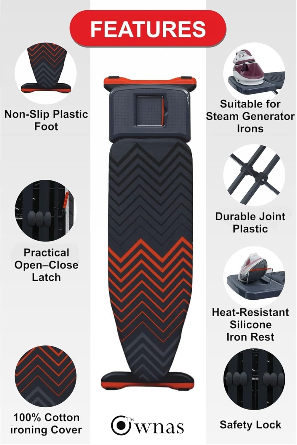 Large Ironing Board 125x45cm Adjustable Height Black Orange Steam Holder - Kwikley