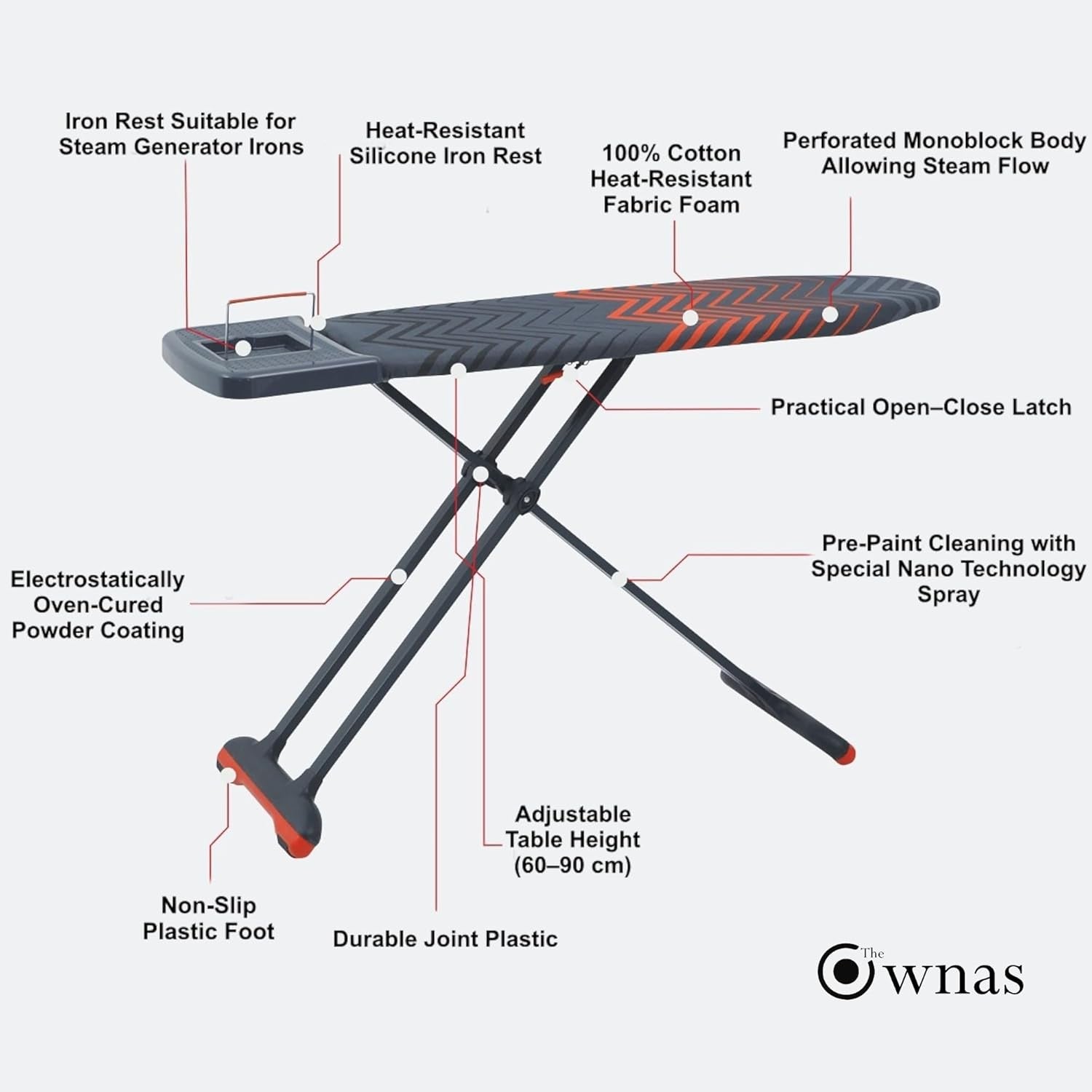 Large Ironing Board 125x45cm Adjustable Height Black Orange Steam Holder - Kwikley