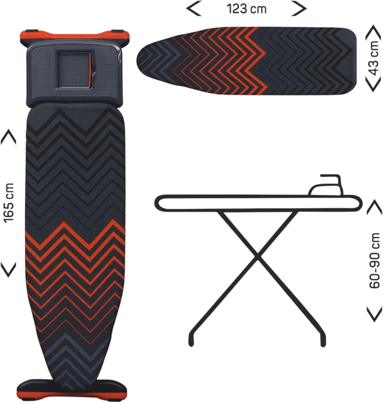 Large Ironing Board 125x45cm Adjustable Height Black Orange Steam Holder - Kwikley