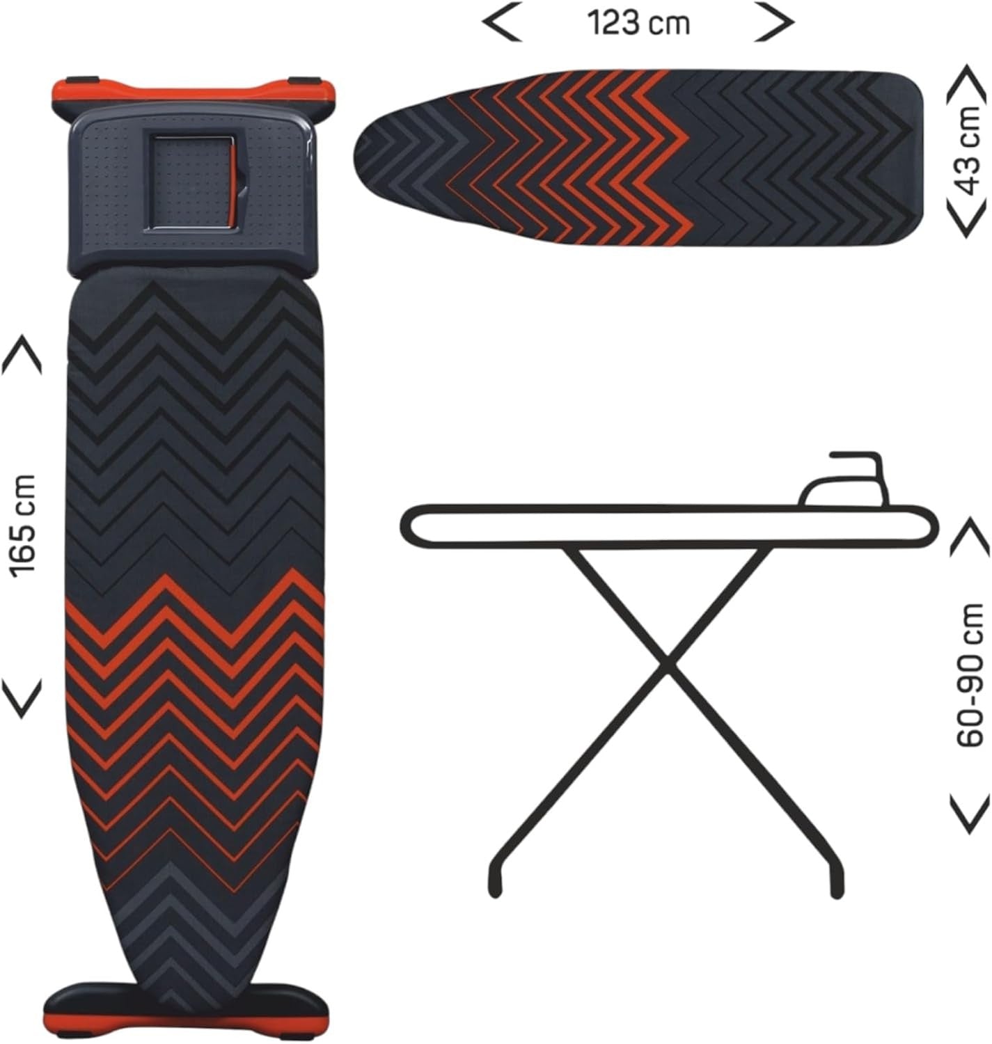 Large Ironing Board 125x45cm Adjustable Height Black Orange Steam Holder - Kwikley