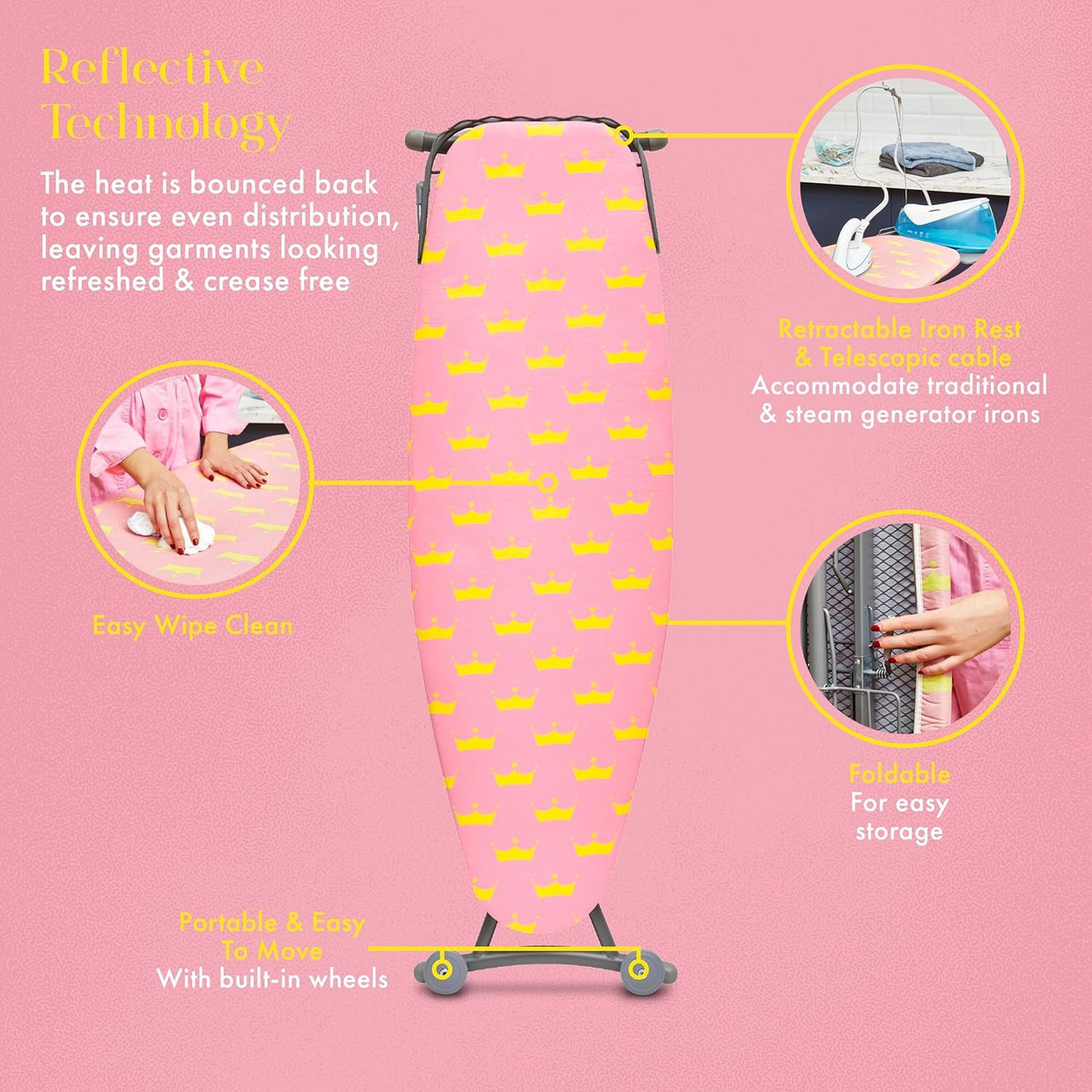 Large Ironing Board 161x46cm Adjustable Height Heat Reflective Non - Slip - Kwikley