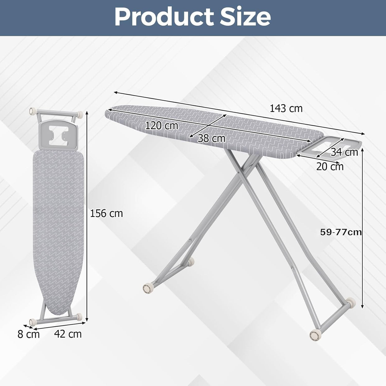 Large Ironing Board Adjustable Height Heat Reflective Foldable 120x38cm - Kwikley