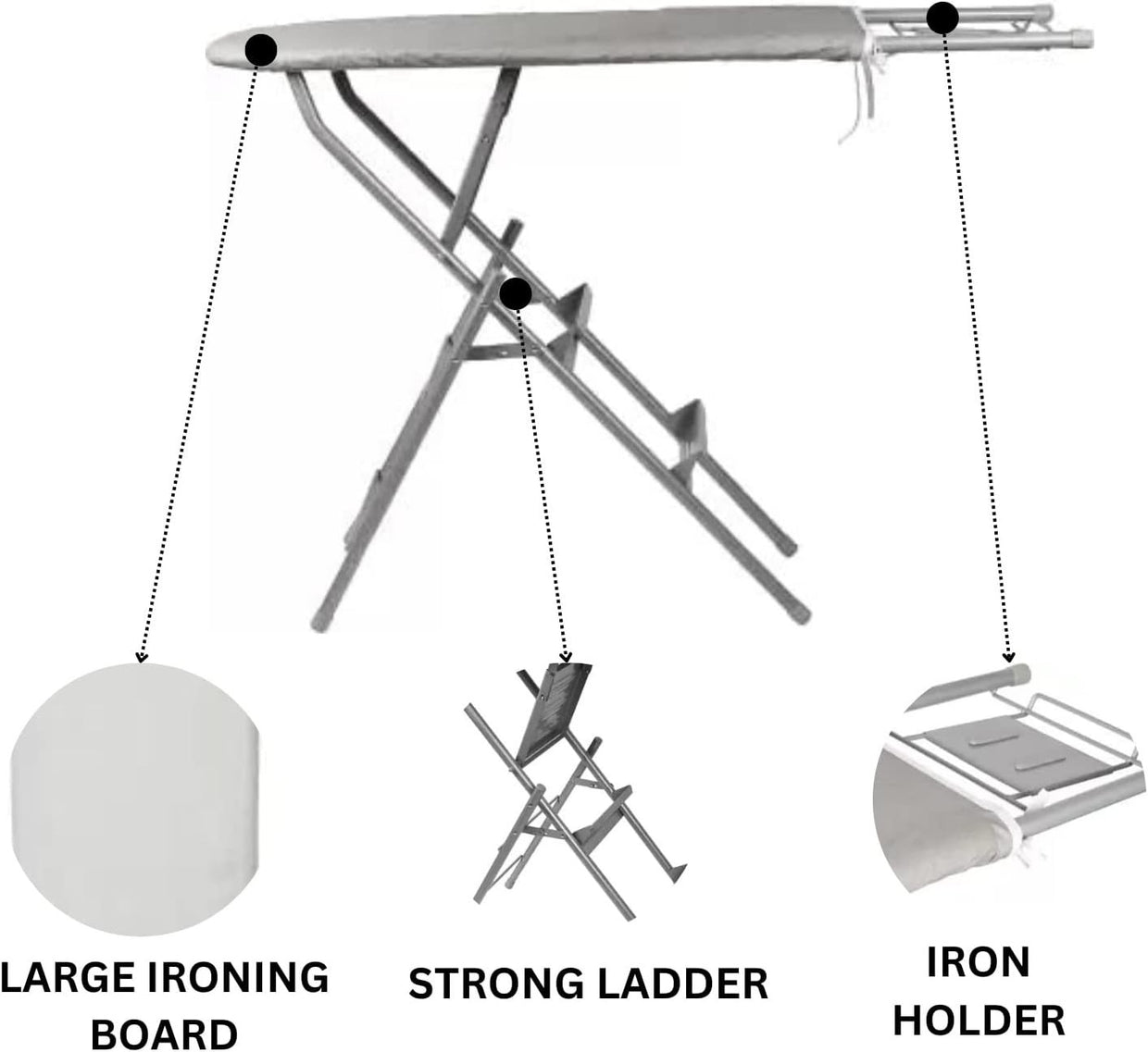 Large Ironing Board Adjustable Height Heat Reflective with Iron Rest 120x38cm - Kwikley