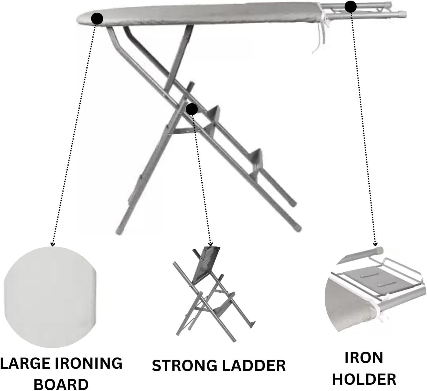 Large Ironing Board Adjustable Height Heat Reflective with Iron Rest 120x38cm - Kwikley