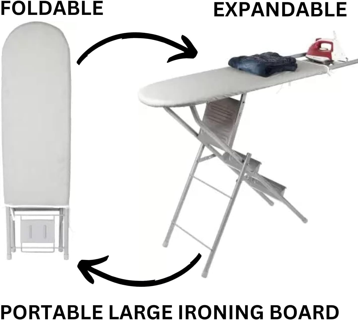 Large Ironing Board Adjustable Height Heat Reflective with Iron Rest 120x38cm - Kwikley