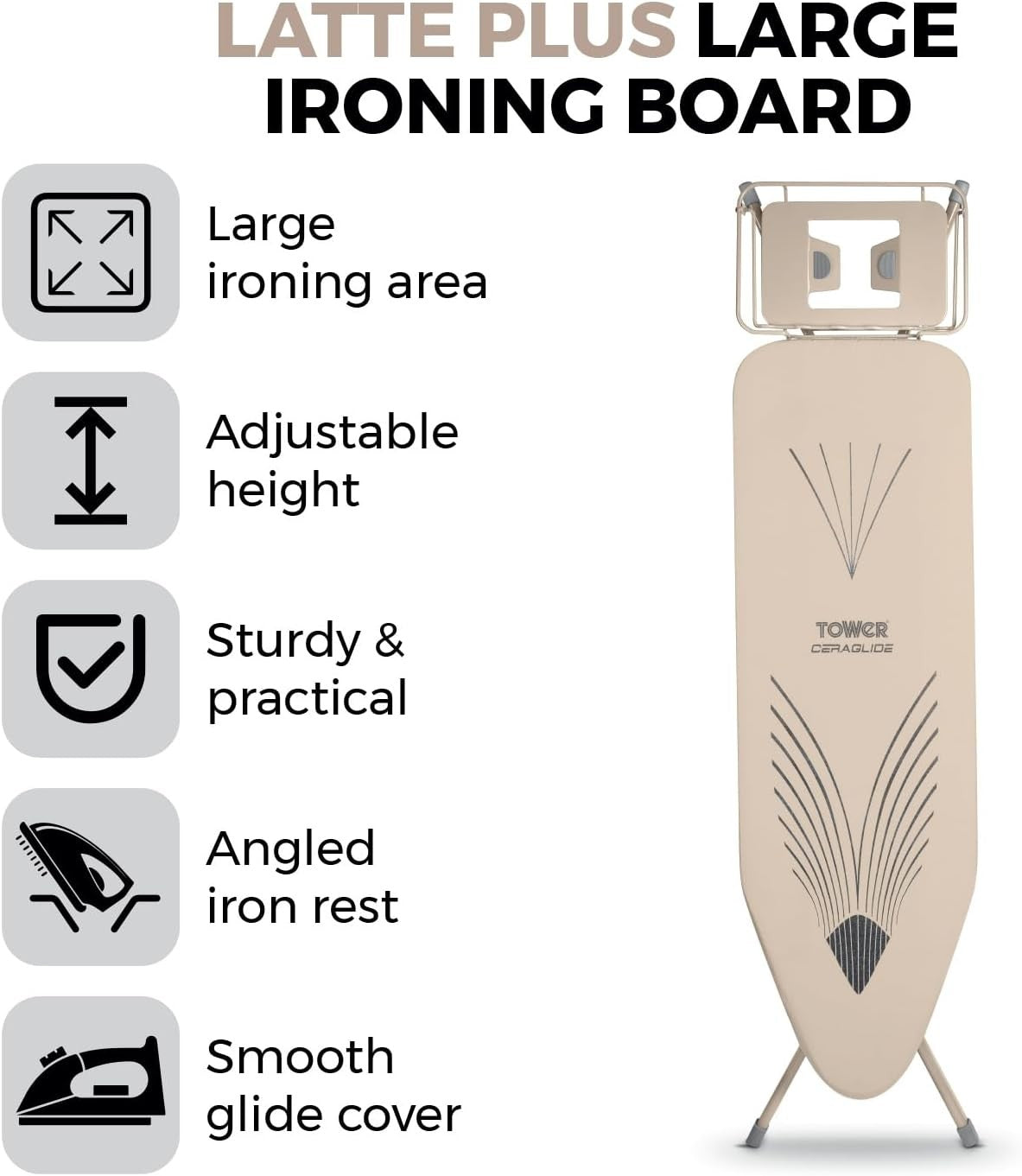 Large Ironing Board Adjustable Height Non Slip Heat Resistant Smooth Glide - Kwikley