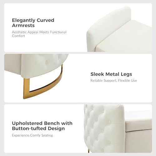 Large Ivory Storage Ottoman Bench w/ Pillows Modern Upholstered Metal Legs - Kwikley