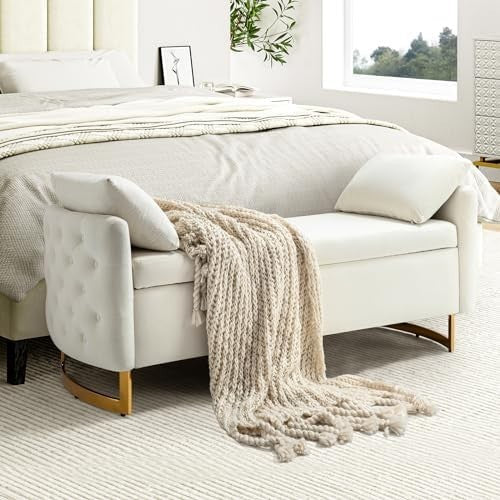 Large Ivory Storage Ottoman Bench w/ Pillows Modern Upholstered Metal Legs - Kwikley