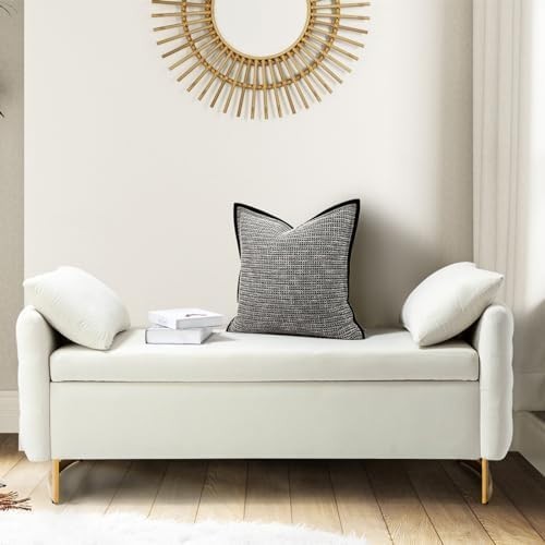 Large Ivory Storage Ottoman Bench w/ Pillows Modern Upholstered Metal Legs - Kwikley