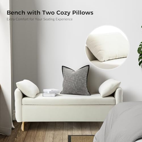 Large Ivory Storage Ottoman Bench w/ Pillows Modern Upholstered Metal Legs - Kwikley