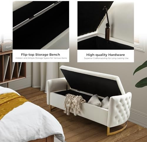 Large Ivory Storage Ottoman Bench w/ Pillows Modern Upholstered Metal Legs - Kwikley
