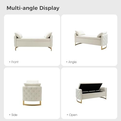 Large Ivory Storage Ottoman Bench w/ Pillows Modern Upholstered Metal Legs - Kwikley