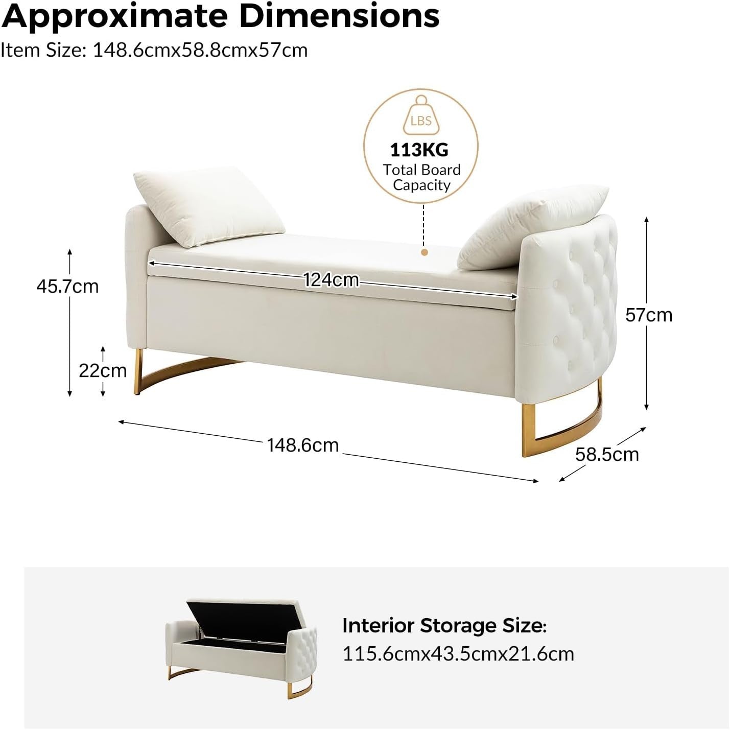 Large Ivory Storage Ottoman Bench w/ Pillows Modern Upholstered Metal Legs - Kwikley