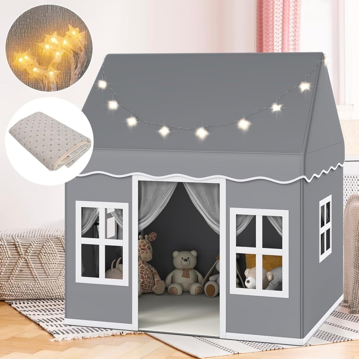 Large Kids Castle Play Tent Star Lights Non Slip Mat Indoor House - Kwikley