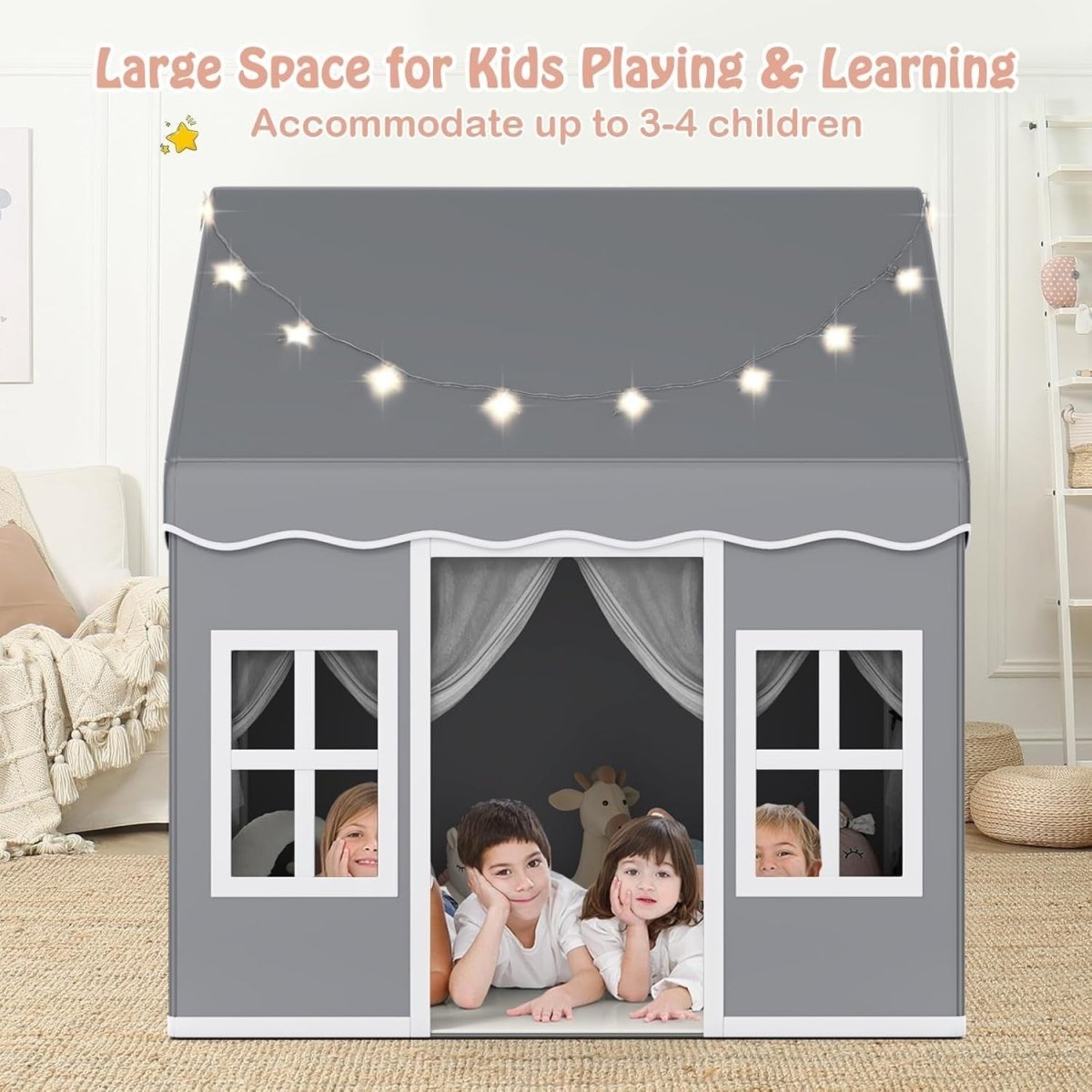 Large Kids Castle Play Tent Star Lights Non Slip Mat Indoor House - Kwikley