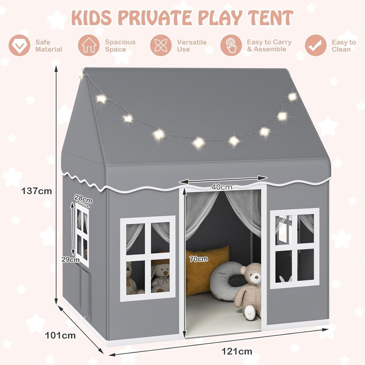 Large Kids Castle Play Tent Star Lights Non Slip Mat Indoor House - Kwikley
