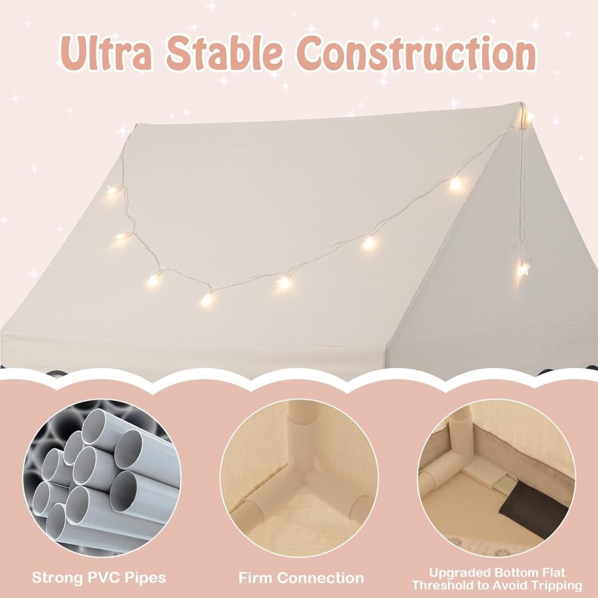 Large Kids Castle Play Tent with Star Lights Non Slip Mat Indoor - Kwikley