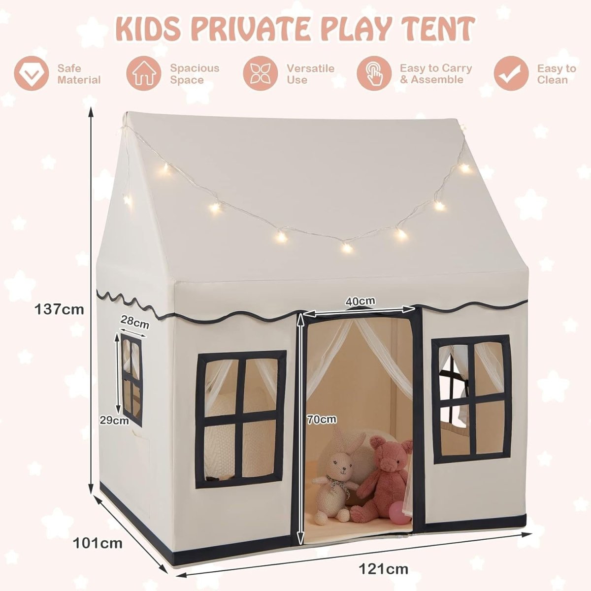 Large Kids Castle Play Tent with Star Lights Non Slip Mat Indoor - Kwikley