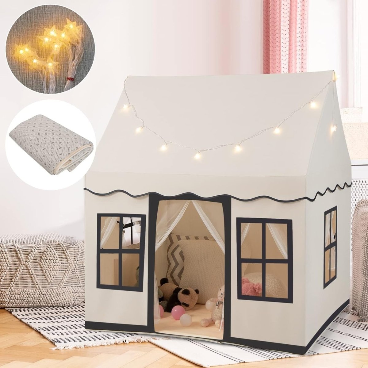 Large Kids Castle Play Tent with Star Lights Non Slip Mat Indoor - Kwikley
