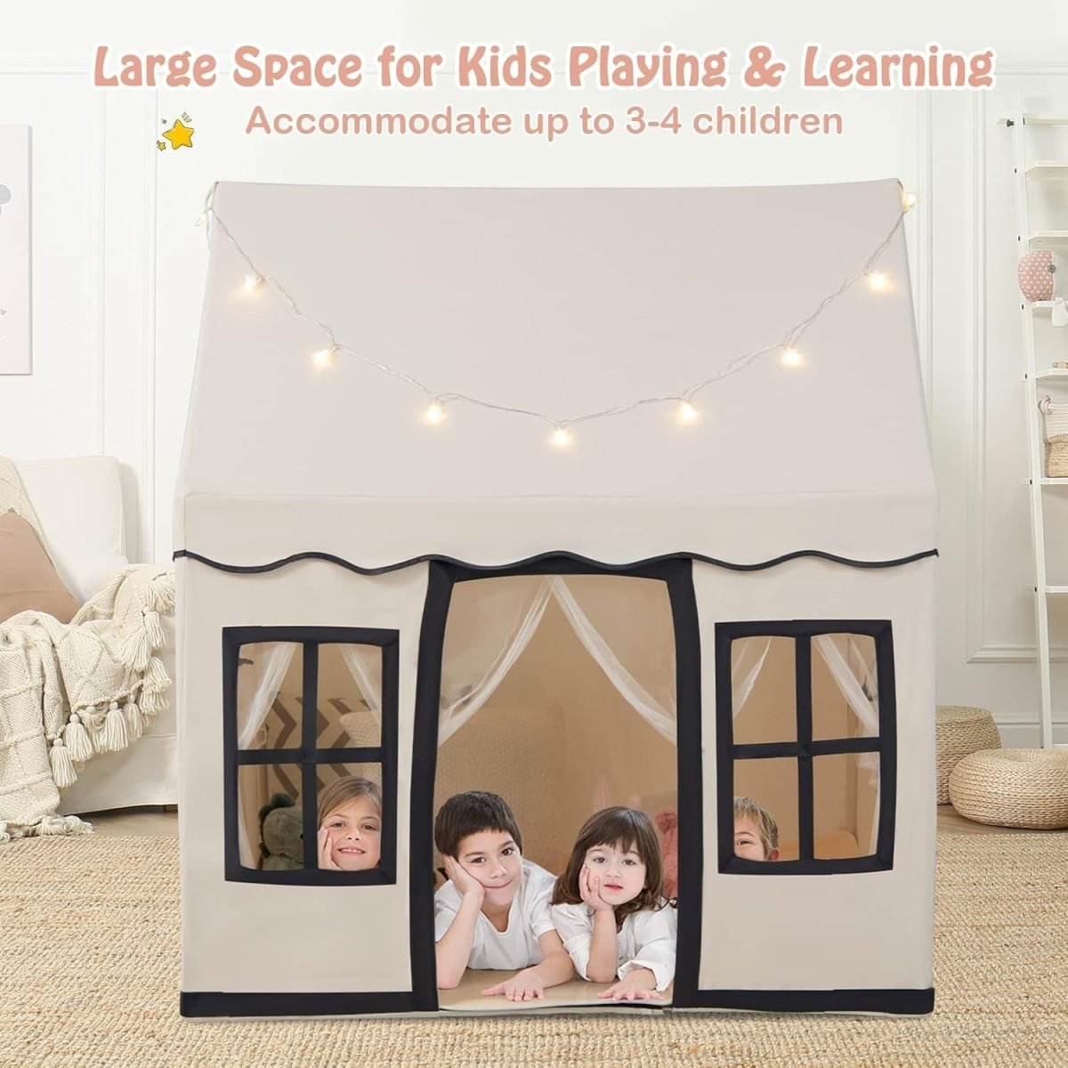 Large Kids Castle Play Tent with Star Lights Non Slip Mat Indoor - Kwikley