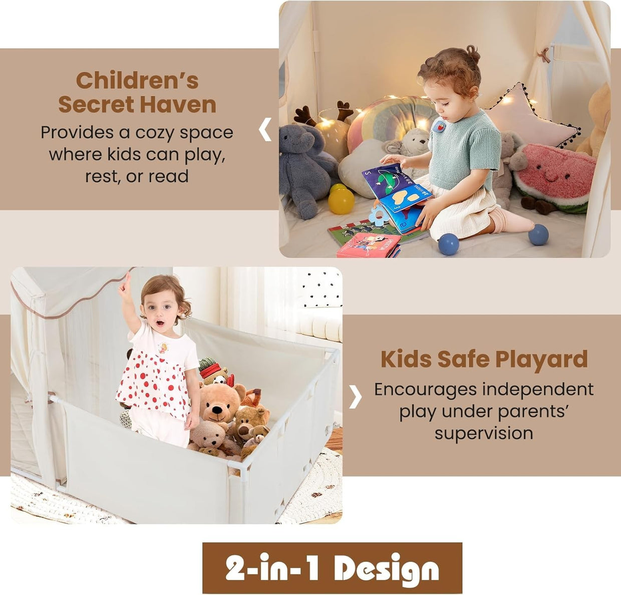 Large Kids Play Tent Beige Castle with Lights Mat Indoor Toddler Playhouse - Kwikley