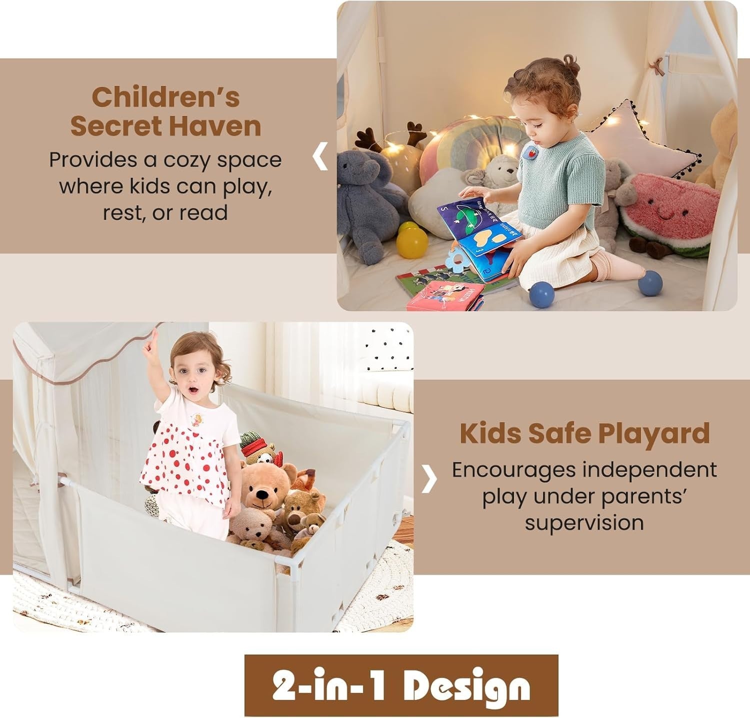 Large Kids Play Tent Beige Castle with Lights Mat Indoor Toddler Playhouse - Kwikley