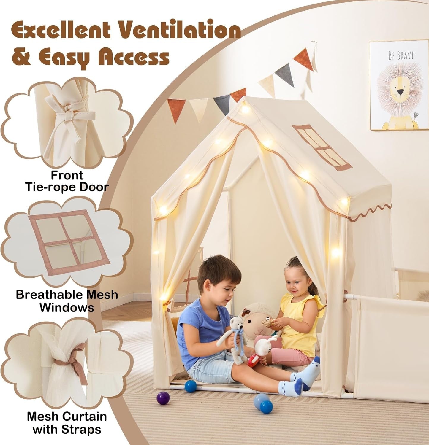 Large Kids Play Tent Beige Castle with Lights Mat Indoor Toddler Playhouse - Kwikley