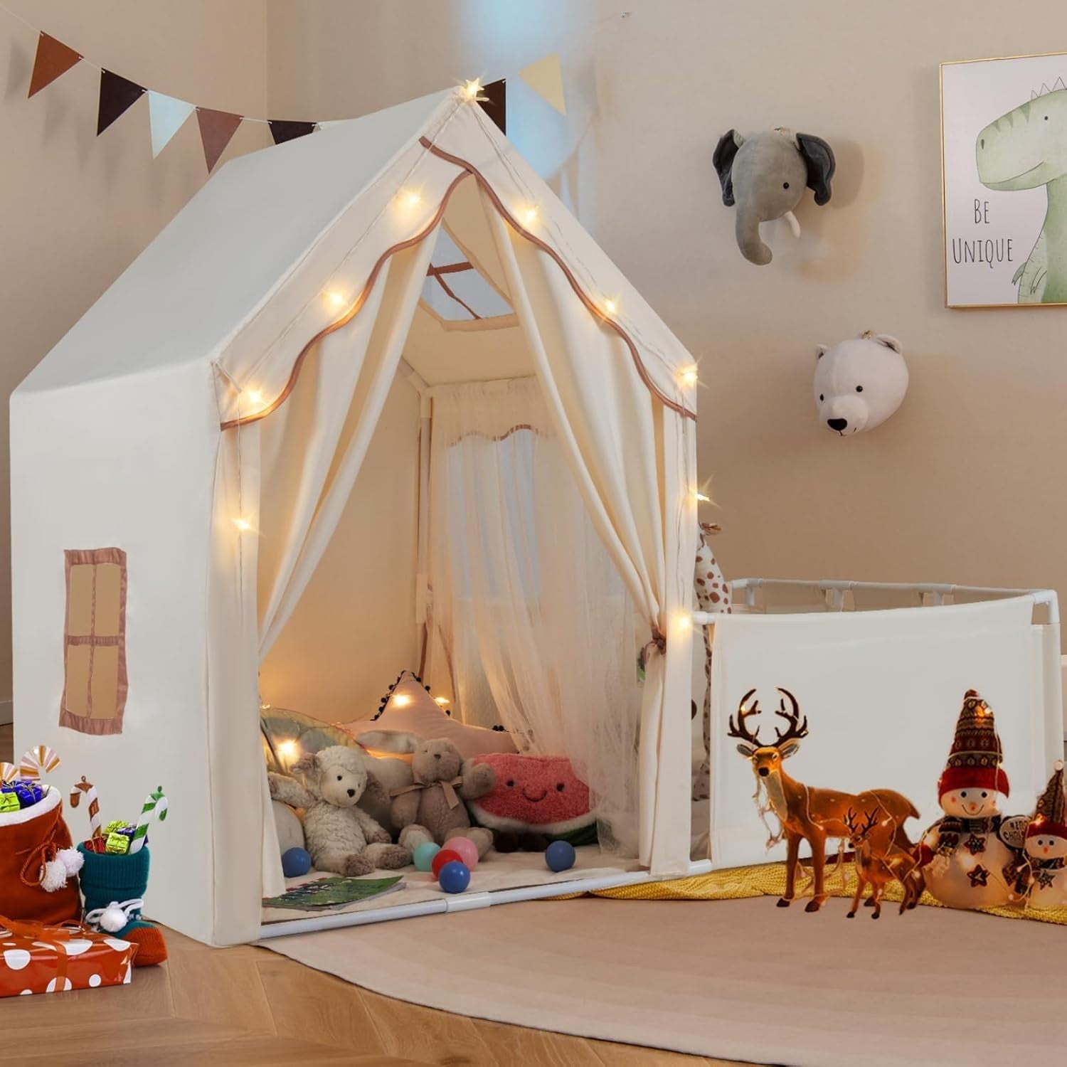 Large Kids Play Tent Beige Castle with Lights Mat Indoor Toddler Playhouse - Kwikley