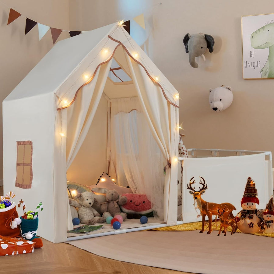 Large Kids Play Tent Beige Castle with Lights Mat Indoor Toddler Playhouse - Kwikley