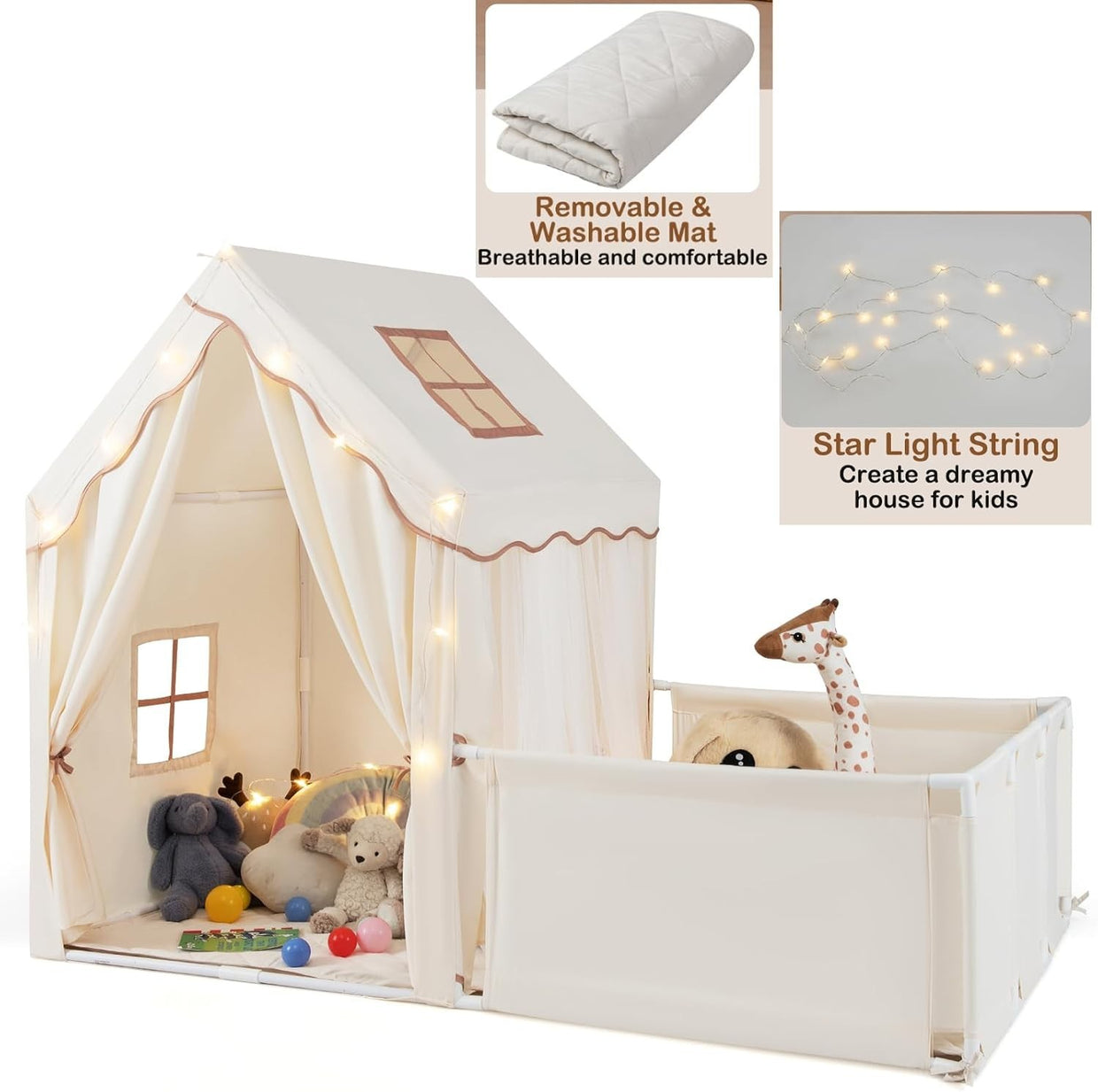 Large Kids Play Tent Beige Castle with Lights Mat Indoor Toddler Playhouse - Kwikley