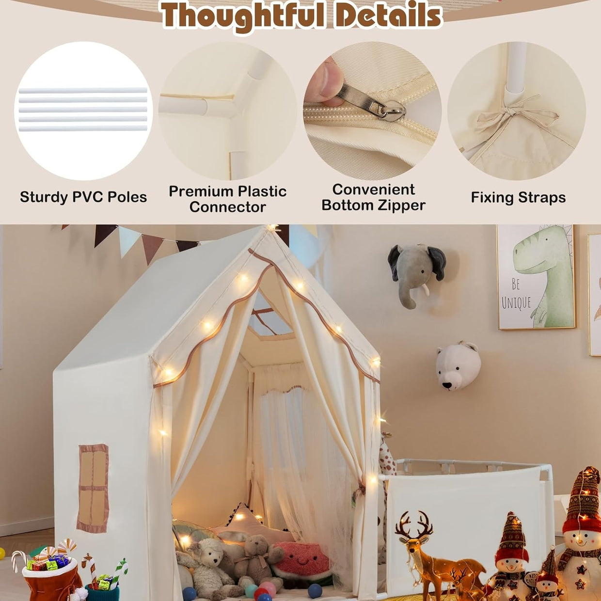 Large Kids Play Tent Beige Castle with Lights Mat Indoor Toddler Playhouse - Kwikley