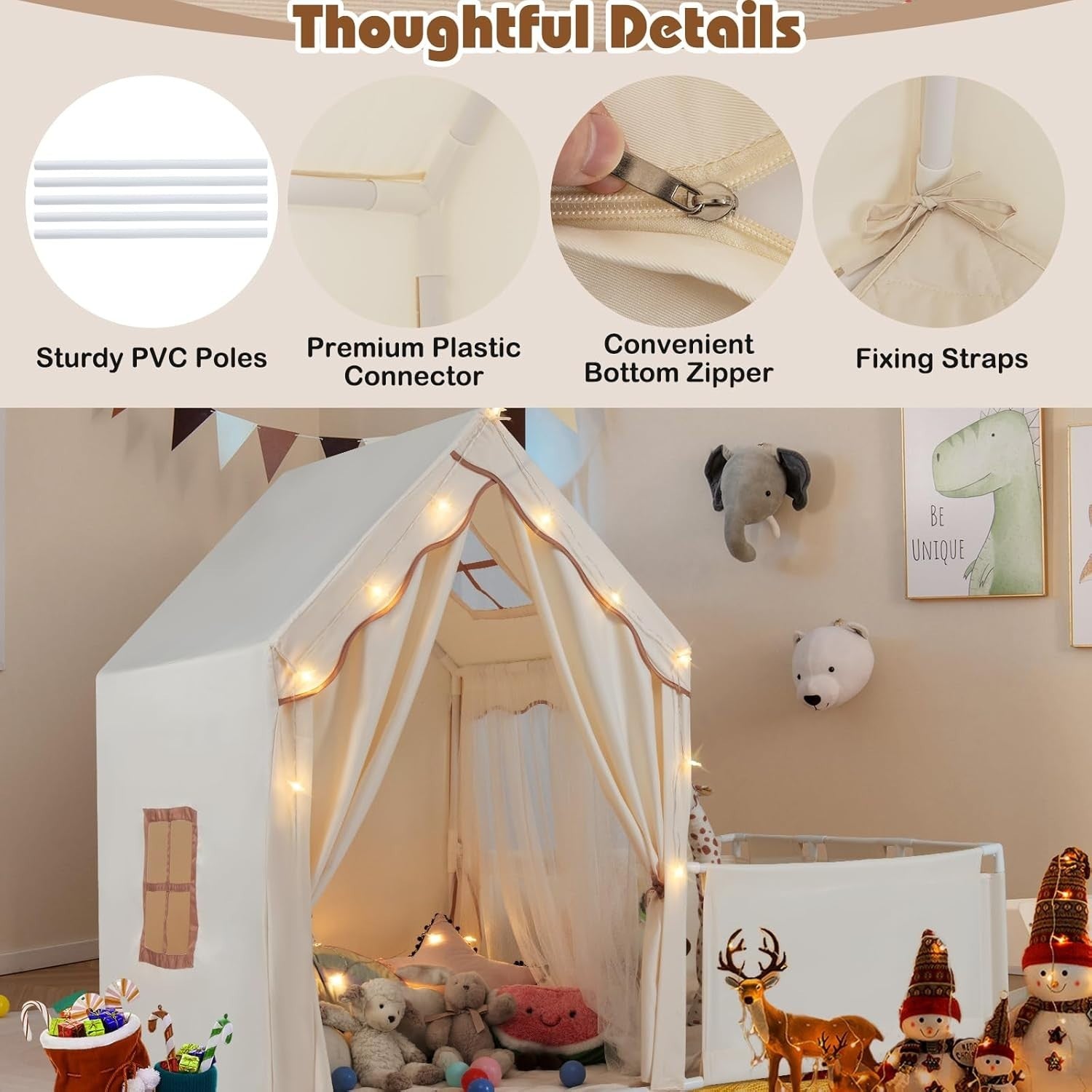 Large Kids Play Tent Beige Castle with Lights Mat Indoor Toddler Playhouse - Kwikley