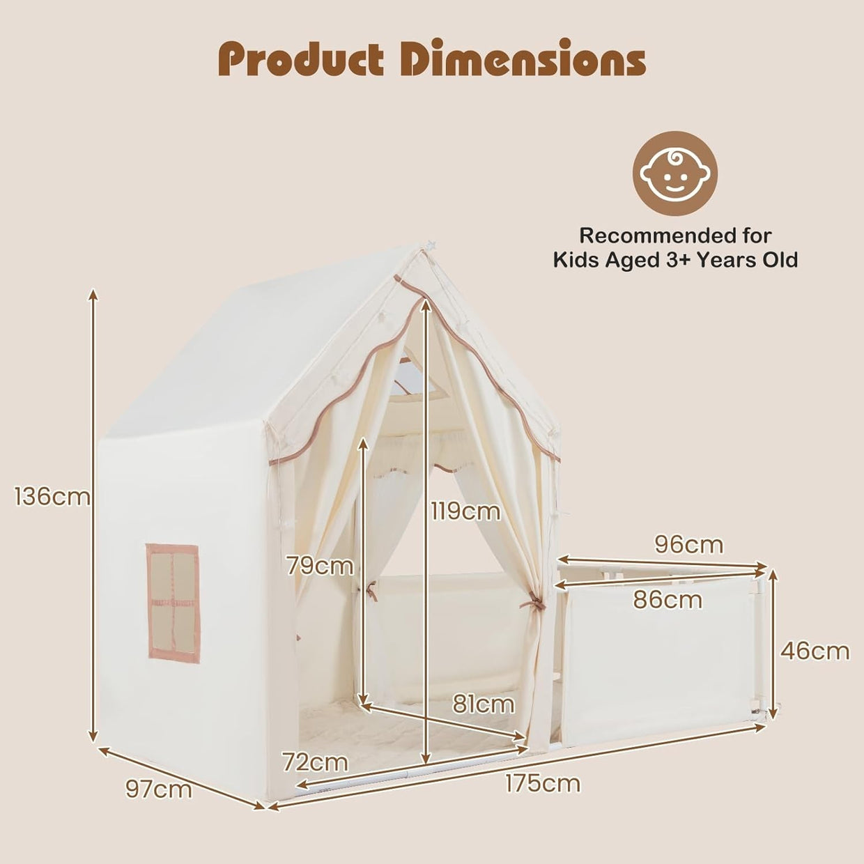 Large Kids Play Tent Beige Castle with Lights Mat Indoor Toddler Playhouse - Kwikley