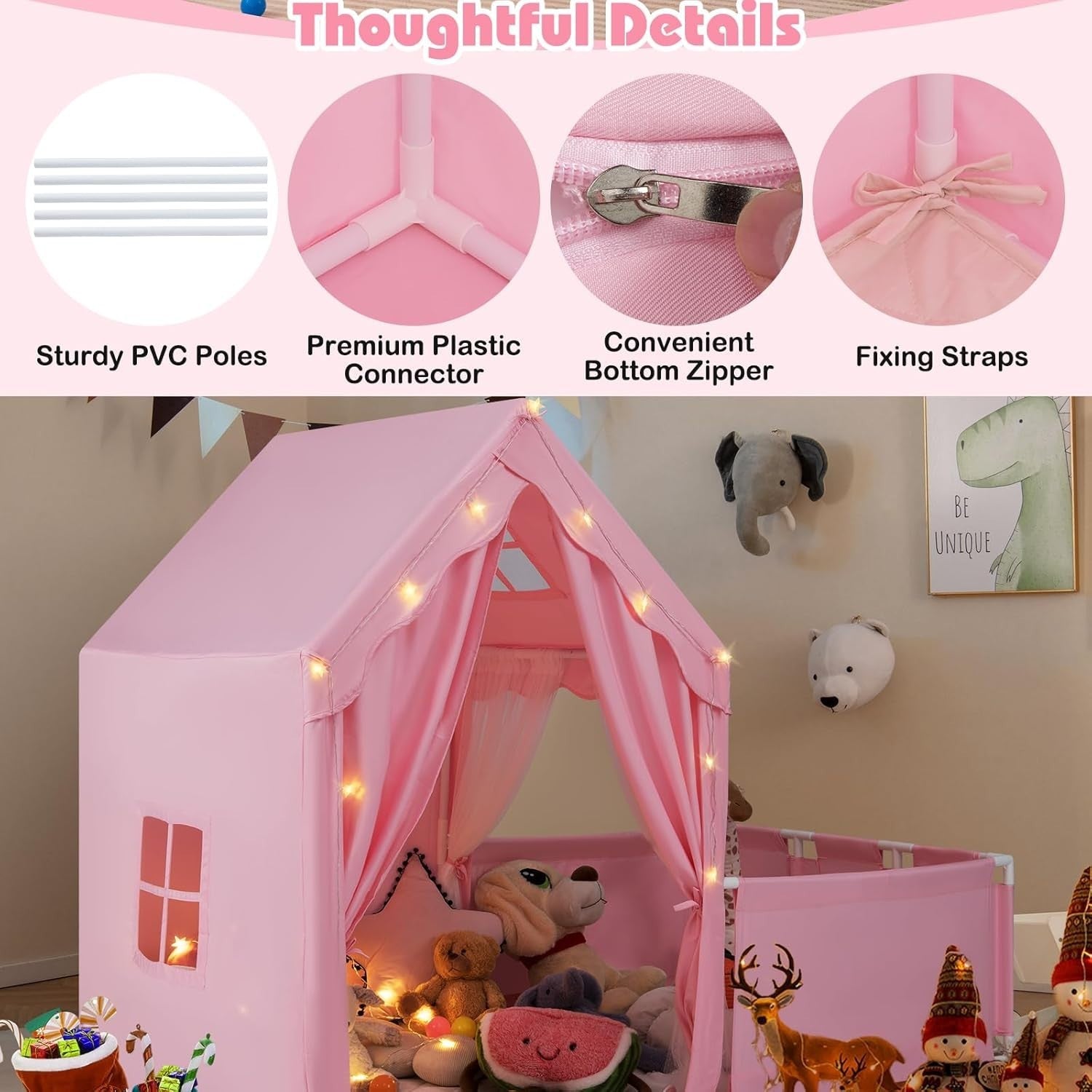 Large Kids Play Tent Pink Castle with Lights Mat Indoor Toddler Playhouse - Kwikley