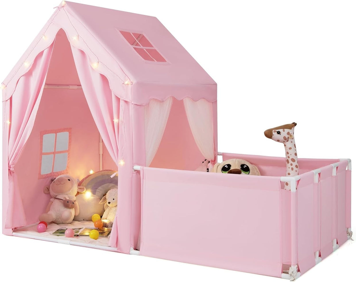 Large Kids Play Tent Pink Castle with Lights Mat Indoor Toddler Playhouse - Kwikley