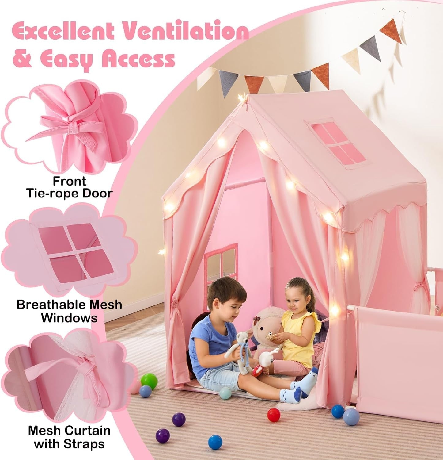 Large Kids Play Tent Pink Castle with Lights Mat Indoor Toddler Playhouse - Kwikley