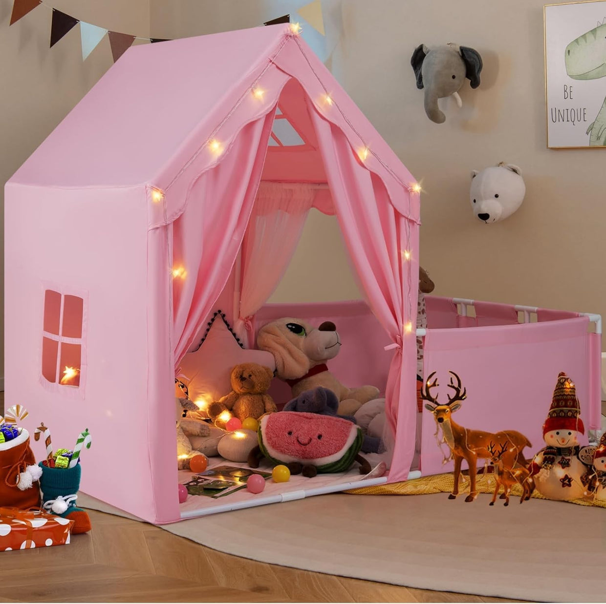 Large Kids Play Tent Pink Castle with Lights Mat Indoor Toddler Playhouse - Kwikley