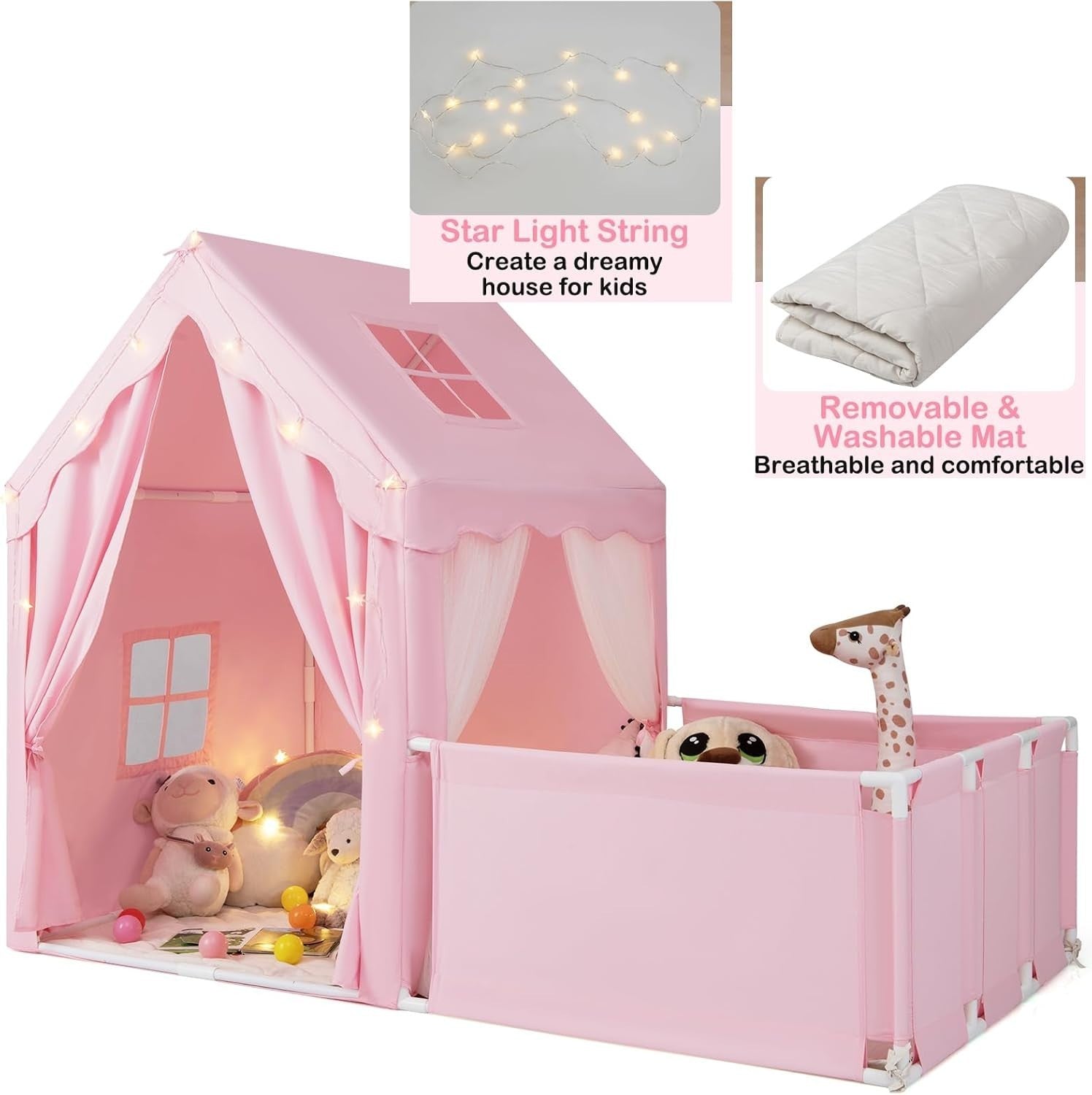 Large Kids Play Tent Pink Castle with Lights Mat Indoor Toddler Playhouse - Kwikley