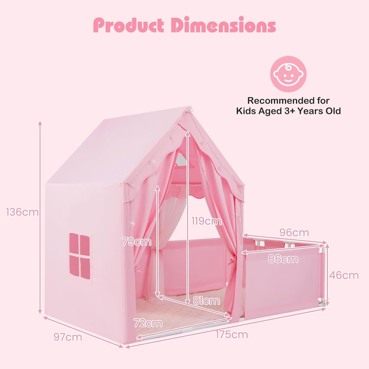Large Kids Play Tent Pink Castle with Lights Mat Indoor Toddler Playhouse - Kwikley
