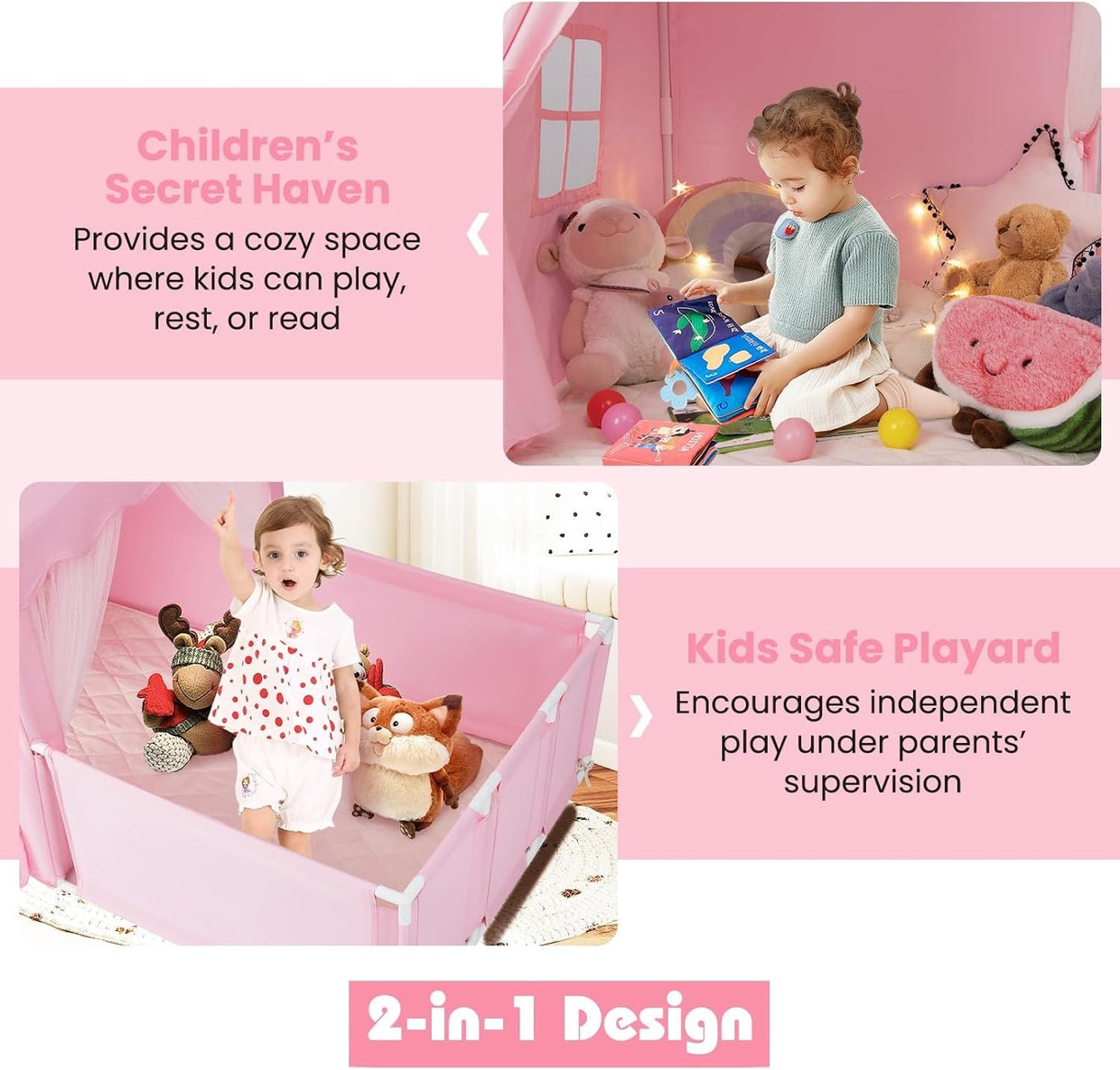 Large Kids Play Tent Pink Castle with Lights Mat Indoor Toddler Playhouse - Kwikley