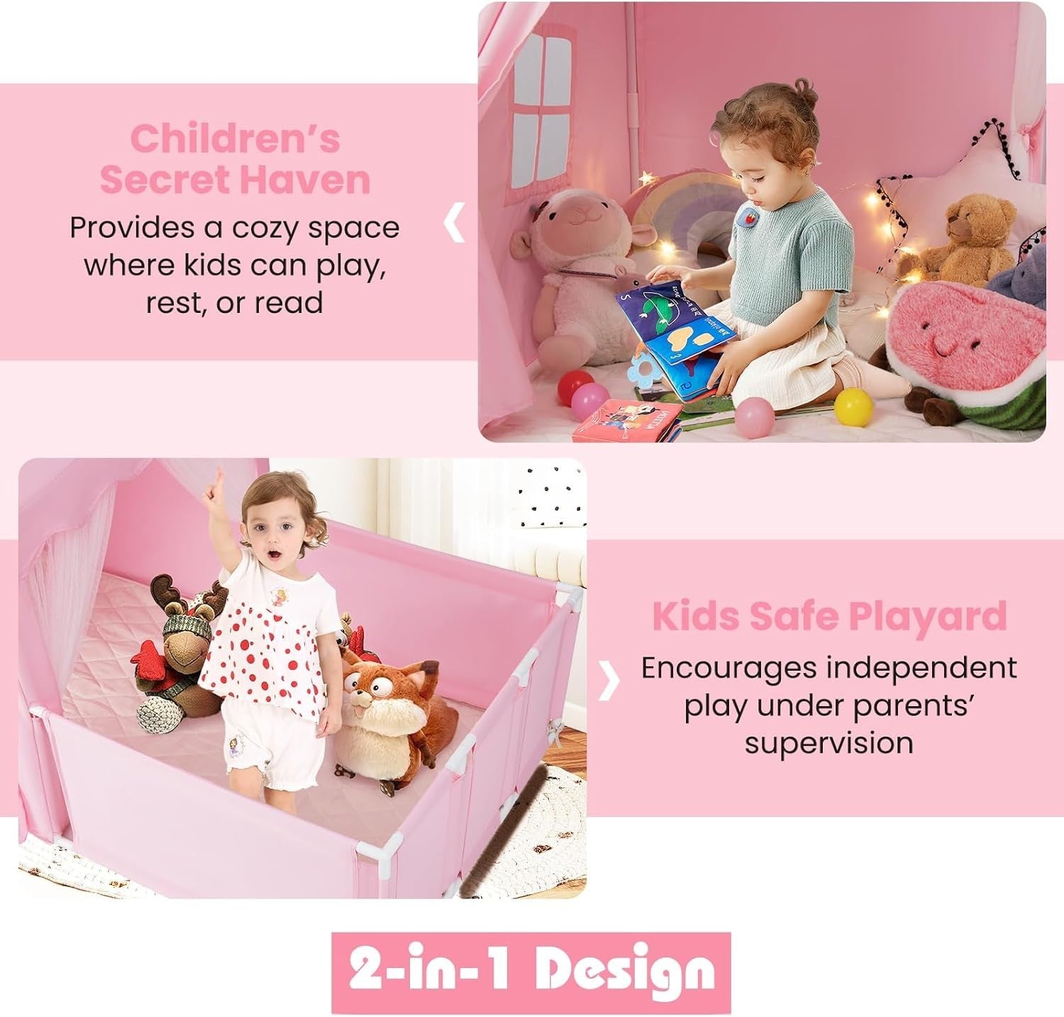 Large Kids Play Tent Pink Castle with Lights Mat Indoor Toddler Playhouse - Kwikley