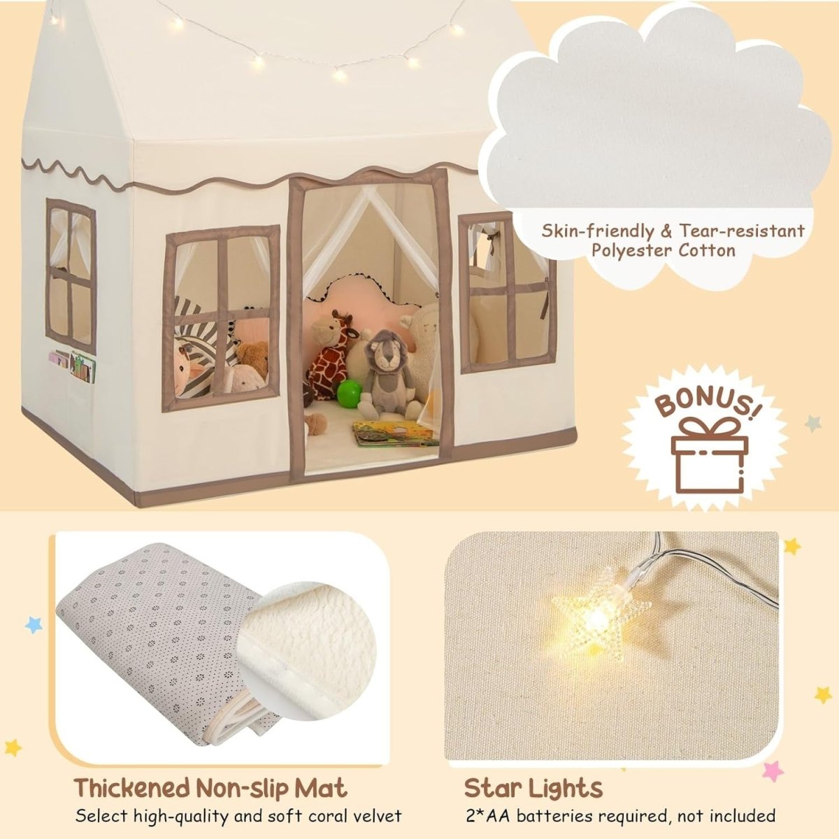 Large Kids Play Tent With Lights Washable Mat Indoor Castle Playhouse - Kwikley