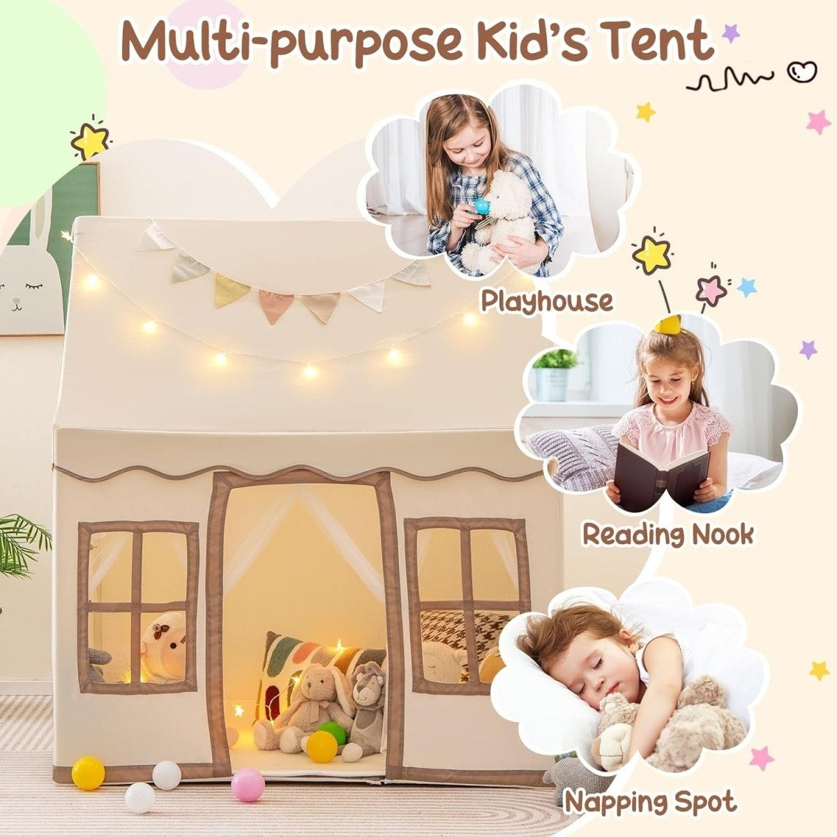 Large Kids Play Tent With Lights Washable Mat Indoor Castle Playhouse - Kwikley